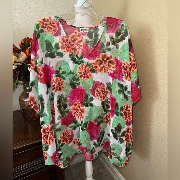 Show Me Your MuMu Peta Tunic Cactus Bloom floral Green Pink Tunic Cover Up XS - Picture 2 of 3